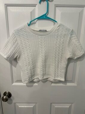 Zara White Cable Knit Cropped Short Sleeve Top